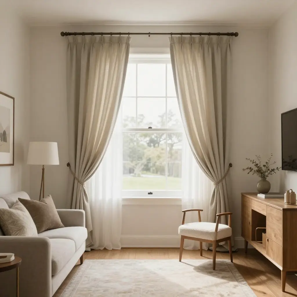 Beautifully styled living room with custom curtains 